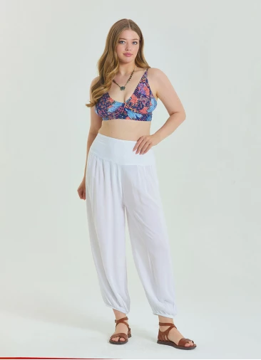 Elastic Waist Relaxed Cut White Plus Size Trousers 4628